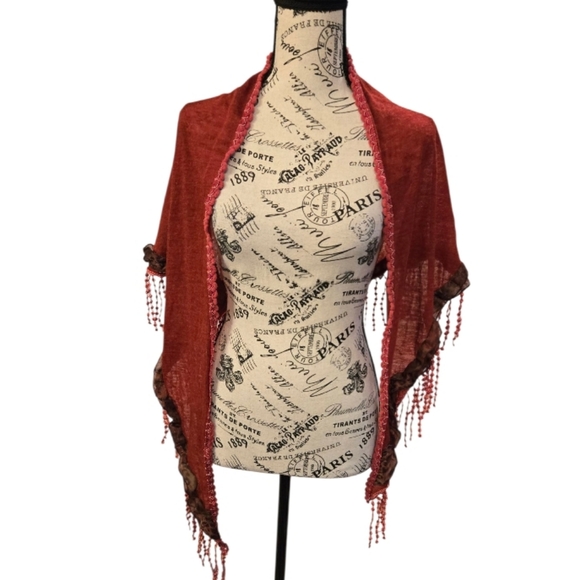 Elegant Red and Brown Handmade Shawl Wrap Scarf - Picture 2 of 6